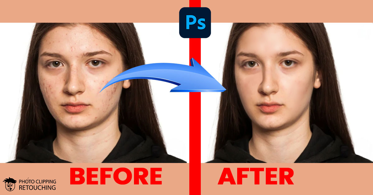 A before and after comparison of a woman's face showing how frequency separation in Photoshop is used to smooth skin while preserving natural texture.