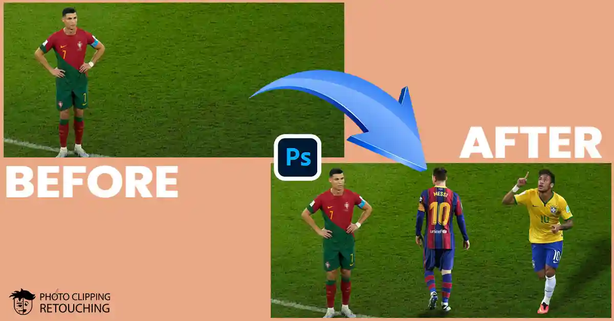 A before-and-after demonstration of layer mask compositing in Photoshop, showcasing how separate images are seamlessly blended to create a cohesive scene.