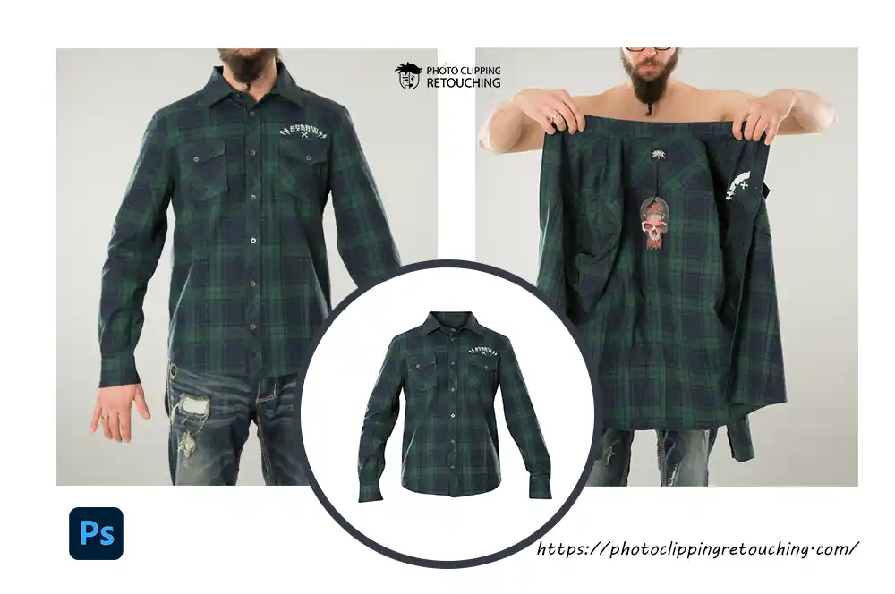 A green shirt with the ghost mannequin service edit, showing the inside of the collar to create a 3D look for clothing.