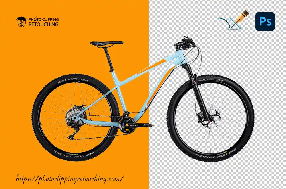 A picture of a bicycle before and after we removed the background using a Photoshop clipping path