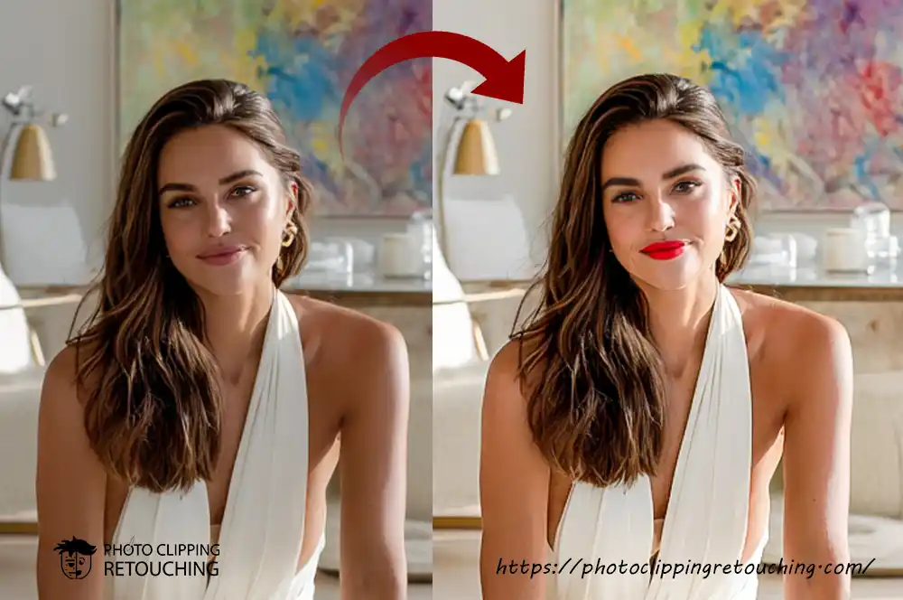 A before-and-after portrait showing the result of our photo retouching services, with skin smoothed and features enhanced.