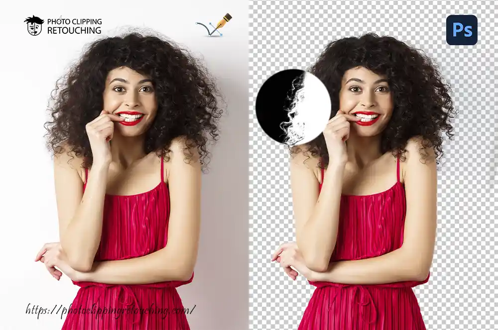 A before-and-after photo showing how our Photoshop image masking service perfectly cuts out soft, fuzzy hair from its background.
